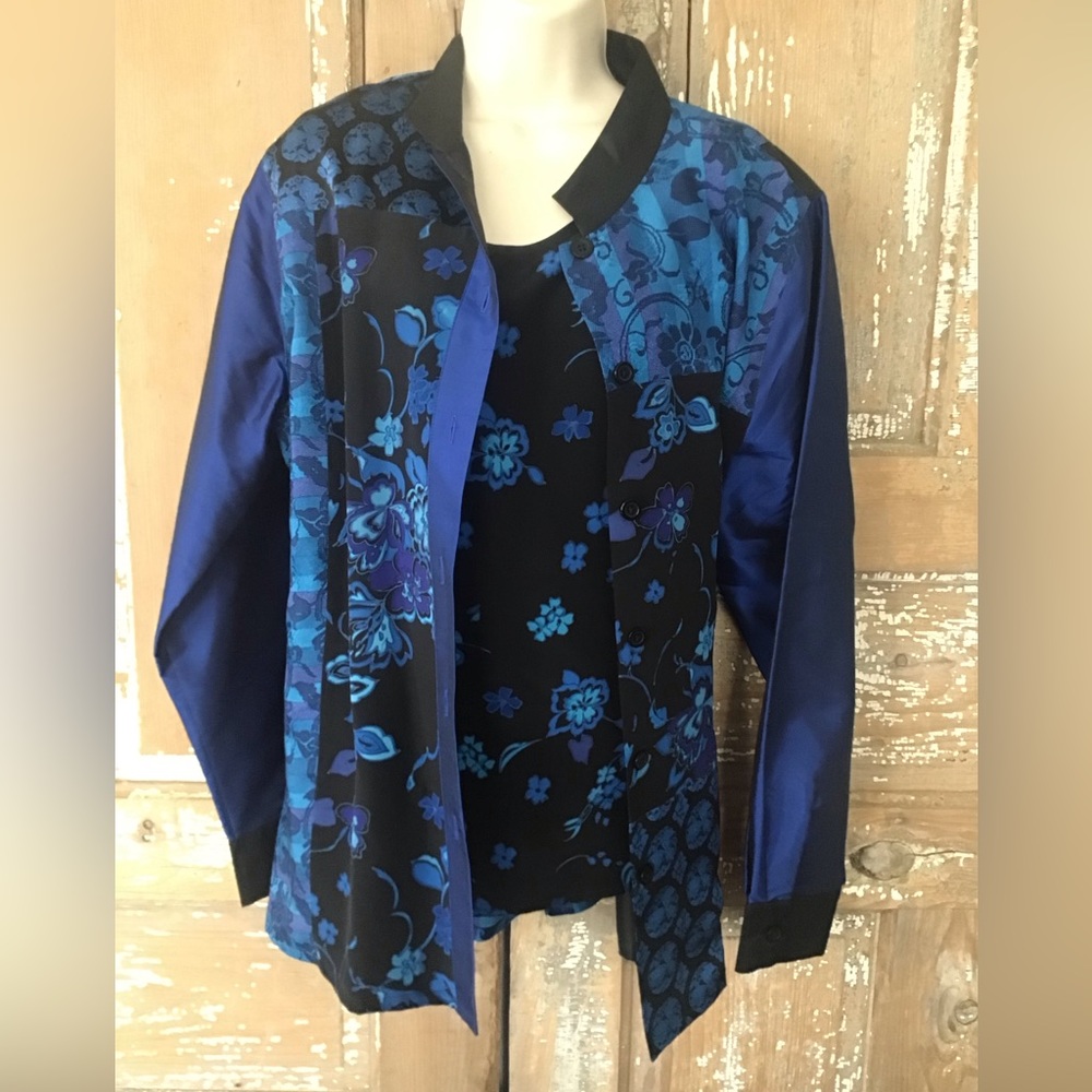 NWT KOOS of course 100% Silk 2 Piece Shell Tank And Jacket Large Blue